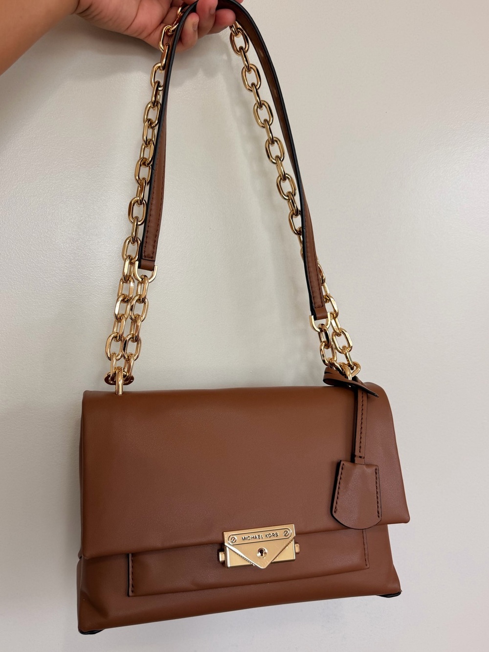 Michael Kors Chestnut Leather Shoulder Bag with Gold Chain Cece